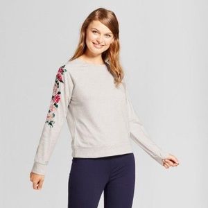 Gray Crew Neck with Flower Embroidered Sleeves